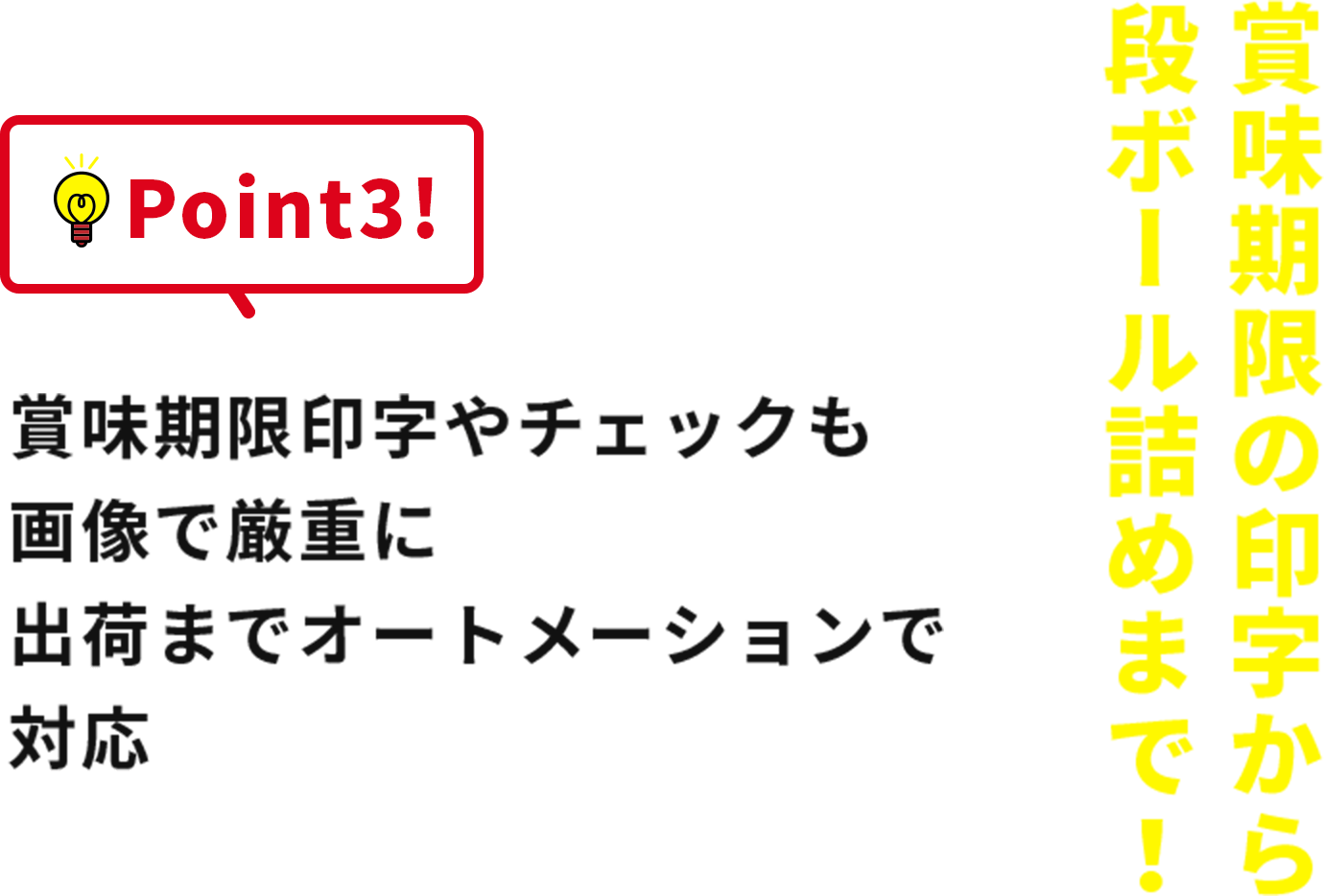 Point3!賞味期限の印字から段ボール詰めまで!賞味期限印字やチェックも画像で厳重に出荷までオートメーションで対応