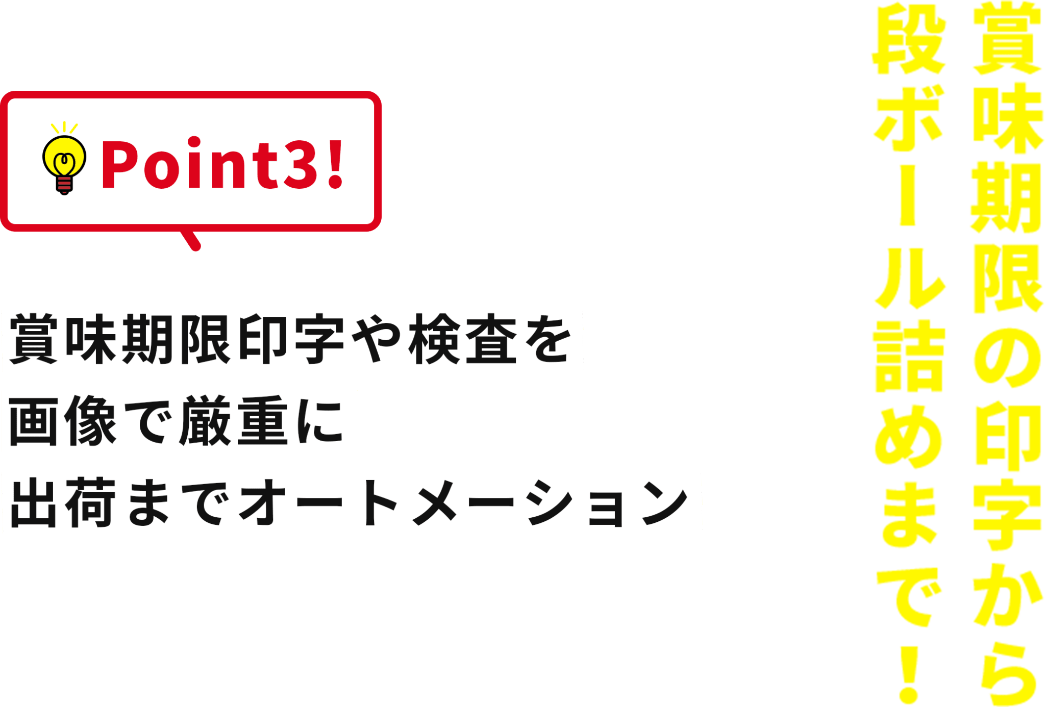 Point3!賞味期限の印字から段ボール詰めまで!賞味期限印字やチェックも画像で厳重に出荷までオートメーションで対応