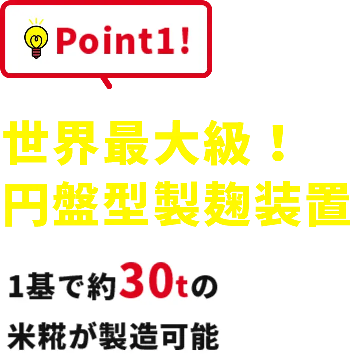 Point1!世界最大級!円盤型製麹装置 1基で約30tの米糀が製造可能