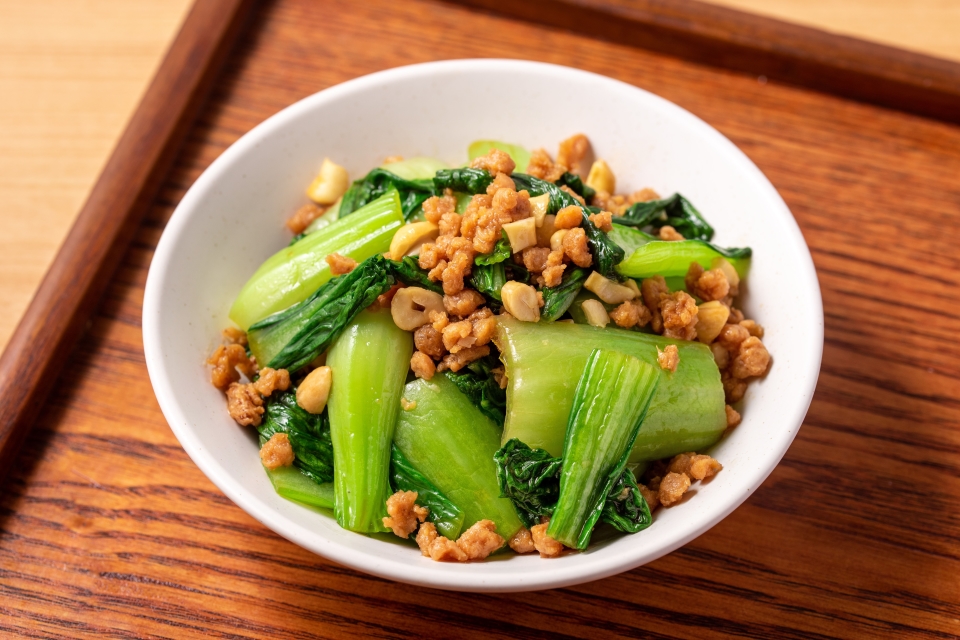 チンゲン菜と大豆のお肉のオイスターあえ