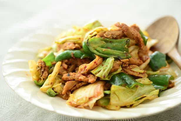 Stir-Fried Cabbage, Green Pimento and Soy Meat Filet with Miso and Kimchi