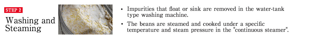 STEP2 Washing and Steaming * Impurities that float or sink are removed in the water-tank type washing machine.  * The beans are steamed and cooked under a specific temperature and steam pressure in the 