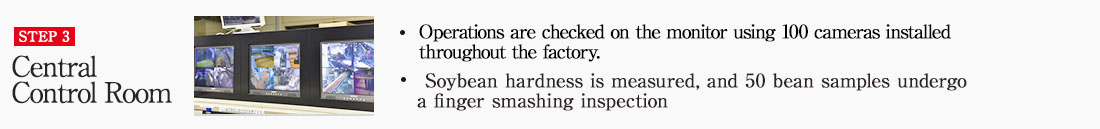 STEP3 Central Control Room * Operations are checked on the monitor using 100 cameras installed throughout the factory. * Soybean hardness is measured, and 50 bean samples undergo a finger smashing inspection
