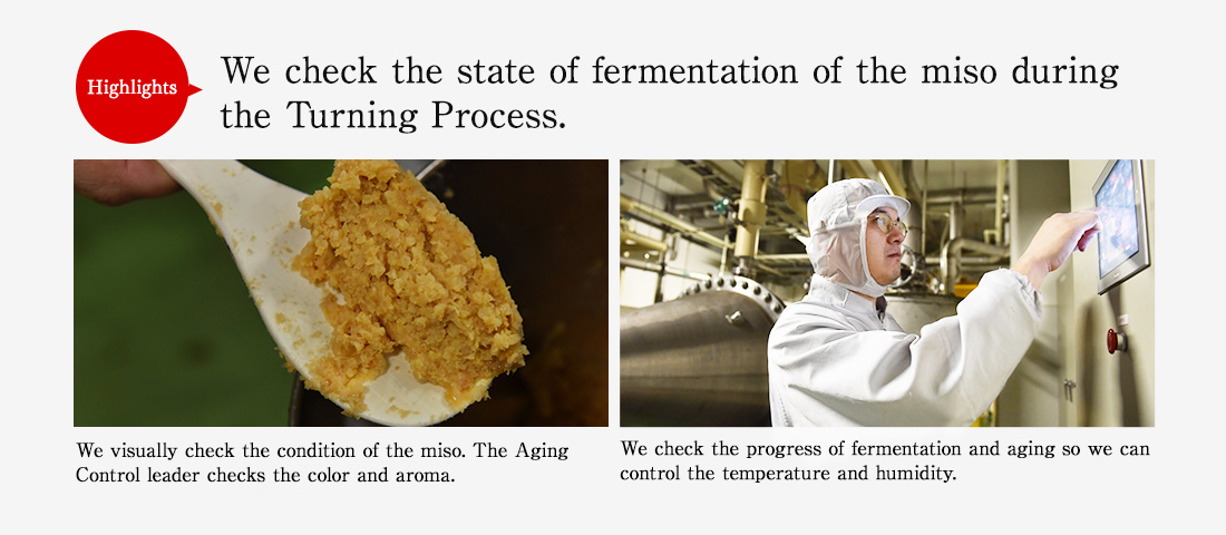 Highlights. We check the state of fermentation of the miso during the Turning Process. We visually check the condition of the miso. The Aging Control leader checks the color and aroma. We check the progress of fermentation and aging so we can control the temperature and humidity.