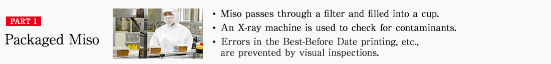 PART1 Packaged Miso ・Miso passes through a filter and filled into a cup. ・An X-ray machine is used to check for contaminants. ・Errors in the Best-Before Date printing, etc., are prevented by visual inspections