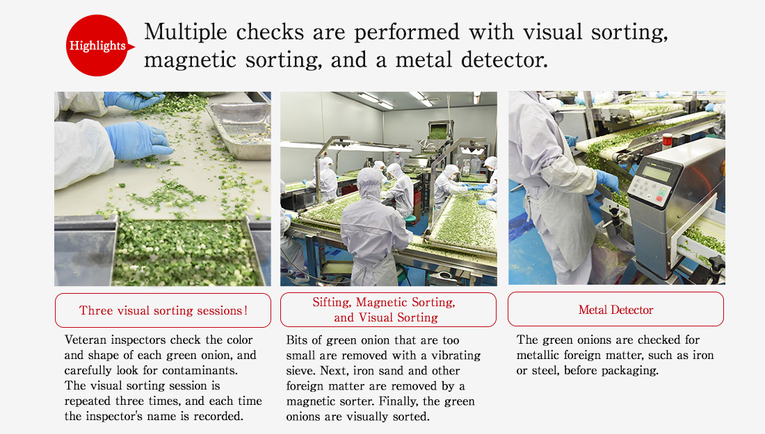 Highlights. Multiple checks are performed with visual sorting, magnetic sorting, and a metal detector.Three visual sorting sessions! Veteran inspectors check the color and shape of each green onion, and carefully look for contaminants. The visual sorting session is repeated three times, and each time the inspector's name is recorded. Sifting, Magnetic Sorting, and Visual Sorting. Bits of green onion that are too small are removed with a vibrating sieve. Next, iron sand and other foreign matter are removed by a magnetic sorter. Finally, the green onions are visually sorted. Metal Detector. The green onions are checked for metallic foreign matter, such as iron or steel, before packaging.