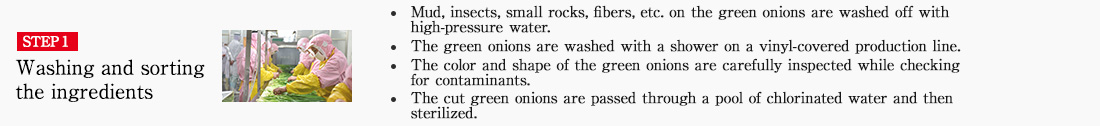STEP1 Washing and sorting the ingredients ・Mud, insects, small rocks, fibers, etc. on the green onions are washed off with high-pressure water.　・The green onions are washed with a shower on a vinyl-covered production line.・The color and shape of the green onions are carefully inspected while checking for contaminants.　・The cut green onions are passed through a pool of chlorinated water and then sterilized.