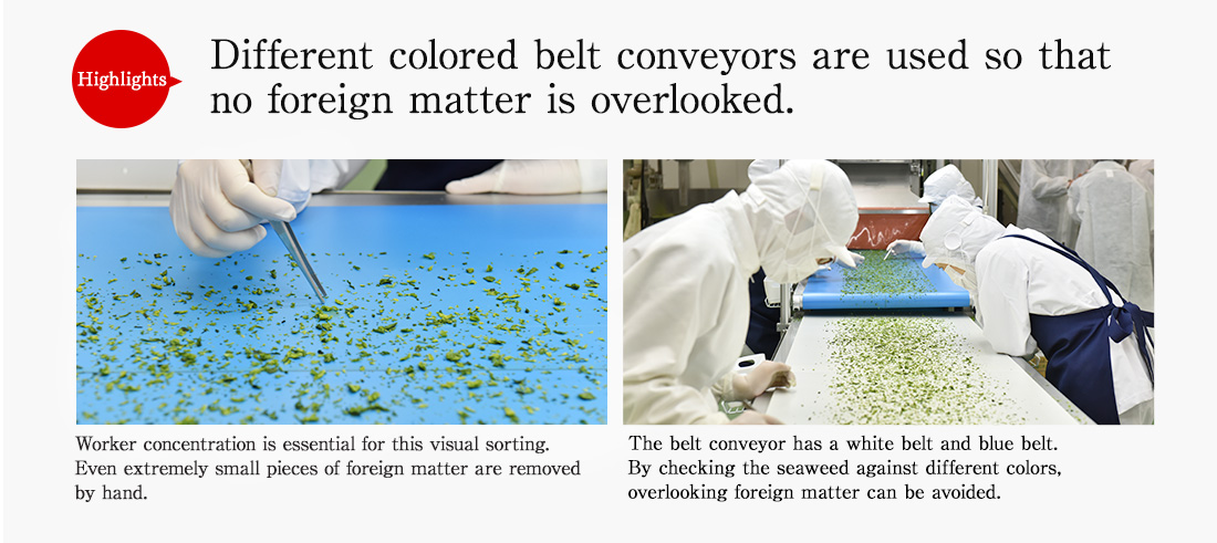 Highlights. Different colored belt conveyors are used so that no foreign matter is overlooked.Worker concentration is essential for this visual sorting. Even extremely small pieces of foreign matter are removed by hand. The belt conveyor has a white belt and blue belt. By checking the seaweed against different colors, overlooking foreign matter can be avoided. 