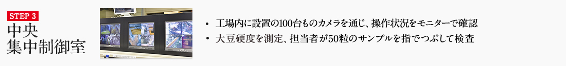 STEP3 中央集中制御室 ・工場内に設置の100台ものカメラを通じ、操作状況をモニターで確認 ・大豆硬度を測定、50粒のサンプルを指でつぶして検査 詳しくはこちら