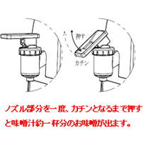 ノズル部分を一度、カチンとなるまで押すと味噌汁約一杯分のお味噌汁が出ます。