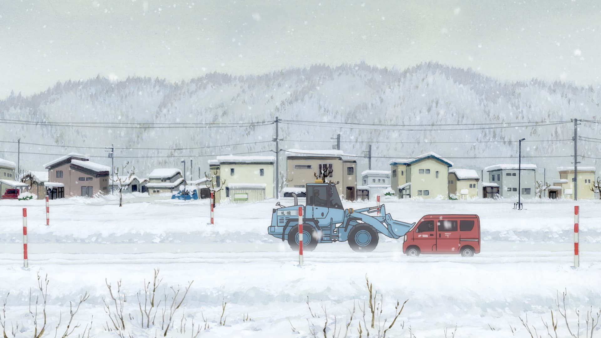 北海道　札幌、午前8時頃　粉雪が舞う灰色の空の下、郵便局の赤い車が雪景色を走ってゆく