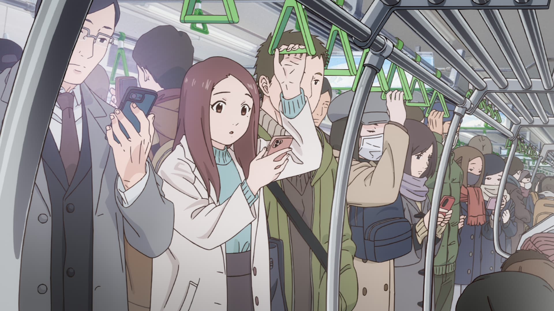 東京　翌朝、通勤電車内　祖母からのメールを見ているまい
