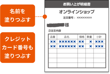 氏名を塗りつぶす クレジットカード番号も塗りつぶす