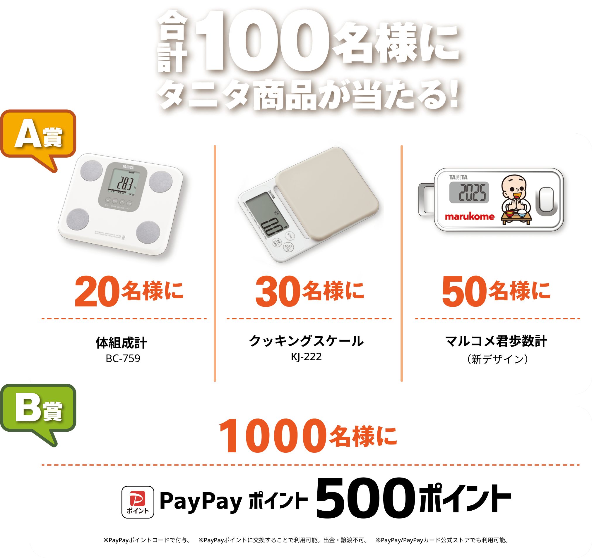 A賞 タニタ商品が合計100名様に当たる！ B賞 1000名様にPayPayポイント 500ポイント
