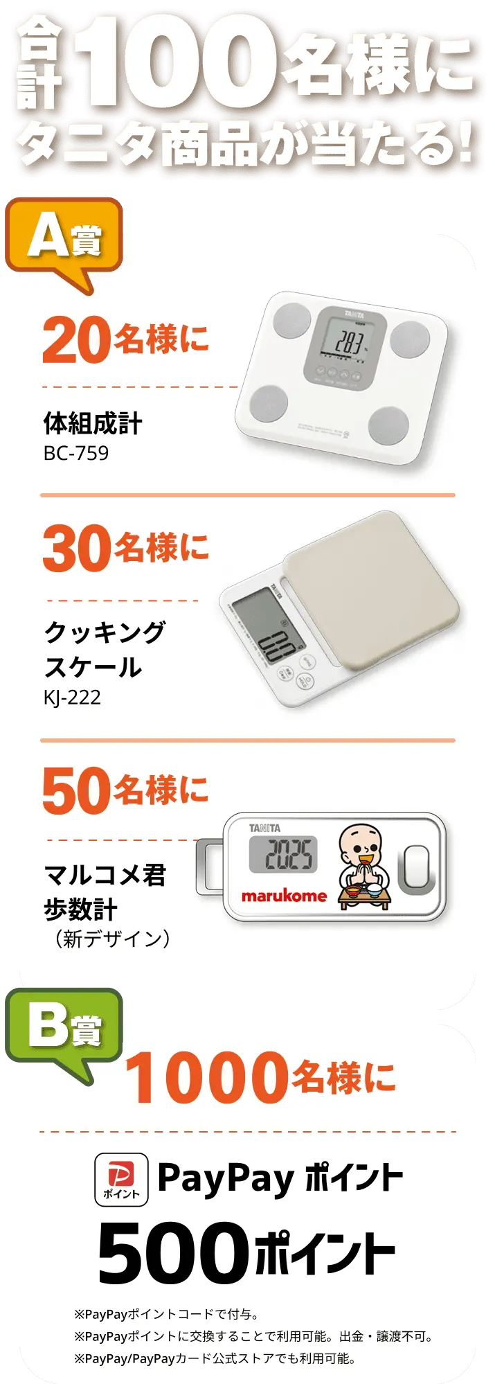 A賞 タニタ商品が合計100名様に当たる！ B賞 1000名様にPayPayポイント 500ポイント