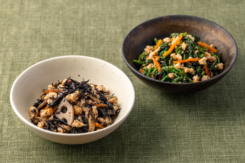 惣菜アレンジ！大豆のお肉入りほうれん草のごまあえ・ひじき煮