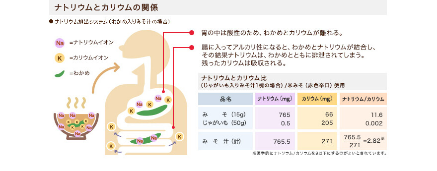 【ナトリウムとカリウムの関係】●ナトリウム排出システム（わかめ入りみそ汁の場合）：胃の中は酸性のため、わかめとカリウムが離れる。→腸に入ってアルカリ性になると、わかめとナトリウムが結合し、その結果ナトリウムは、わかめとともに排泄されてしまう。残ったカリウムは吸収される。