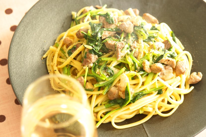 壬生菜(みぶな)と鴨肉のラグー みそ風味