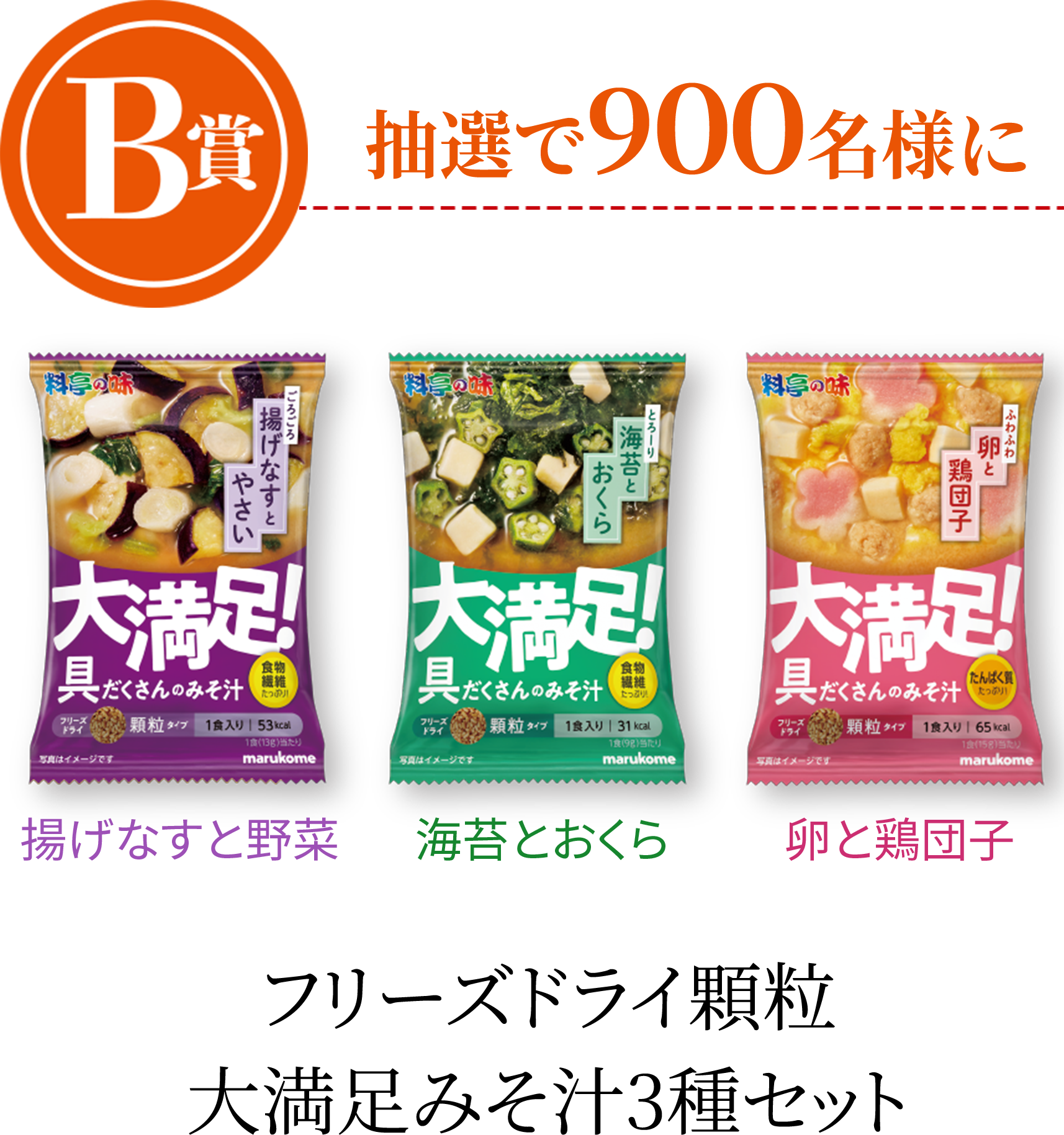 B賞抽選で900名様にフリーズドライ顆粒大満足味噌汁3品