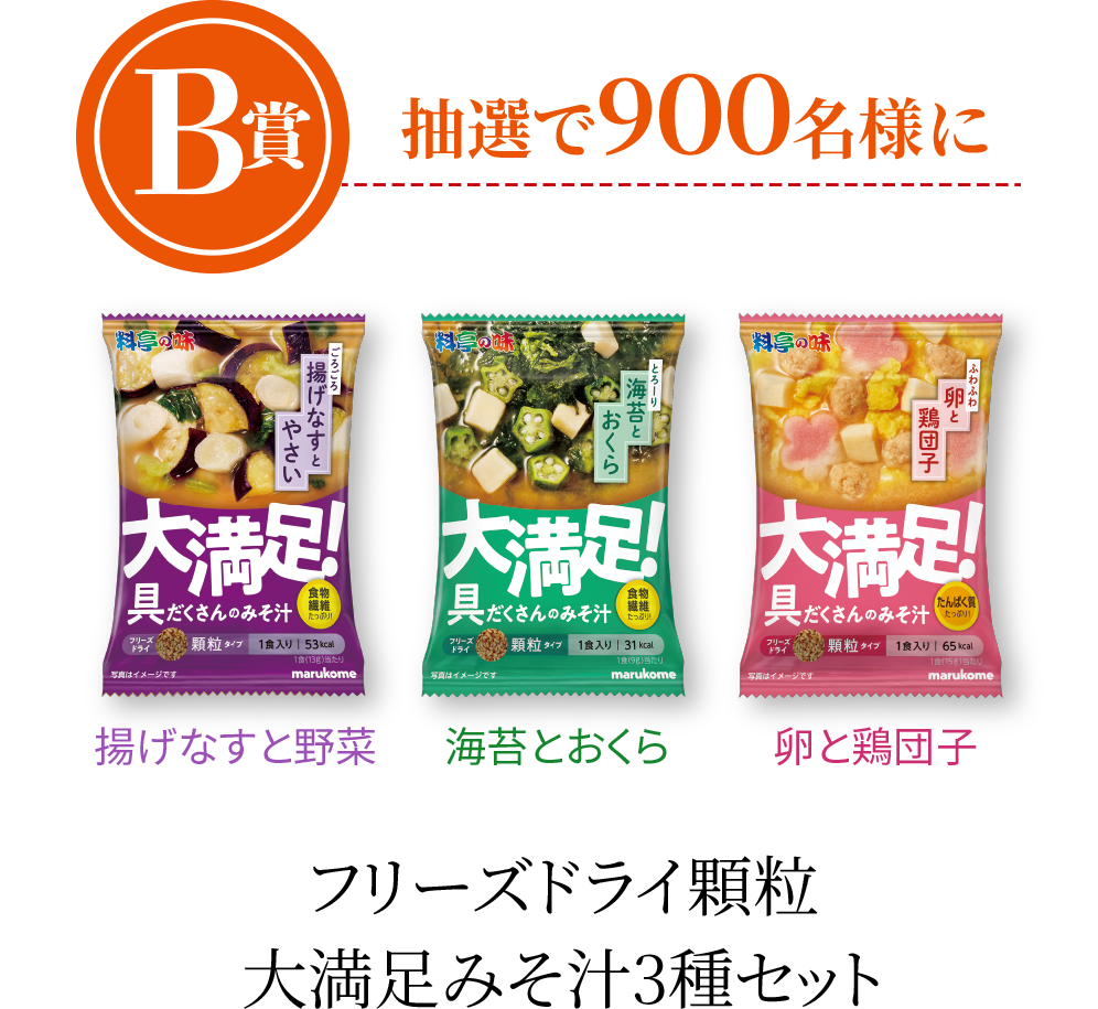 B賞抽選で900名様にフリーズドライ顆粒大満足味噌汁3品