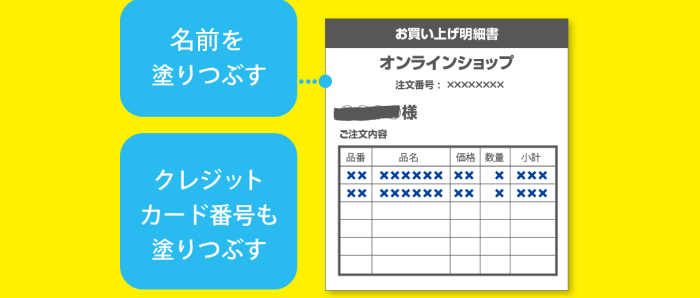 氏名を塗りつぶす クレジットカード番号も塗りつぶす